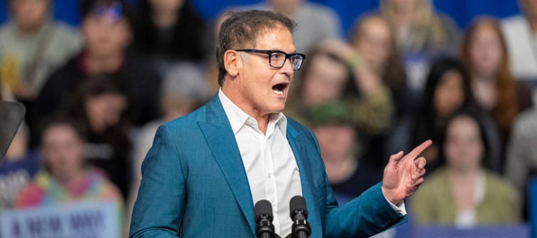 Businessman and television personality Mark Cuban addresses a rally for Democratic presidential nominee Vice President Kamala Harris.