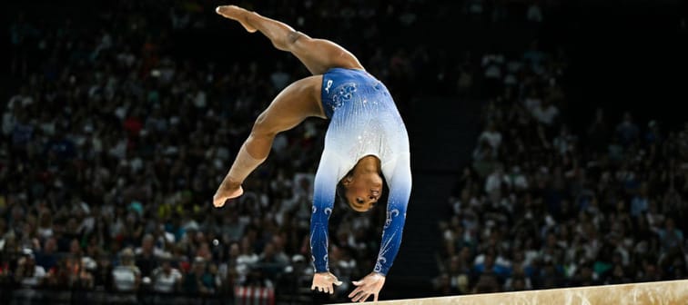 Simone Biles competes in the artistic gymnastics women's balance beam final during the Paris 2024 Olympic Games.