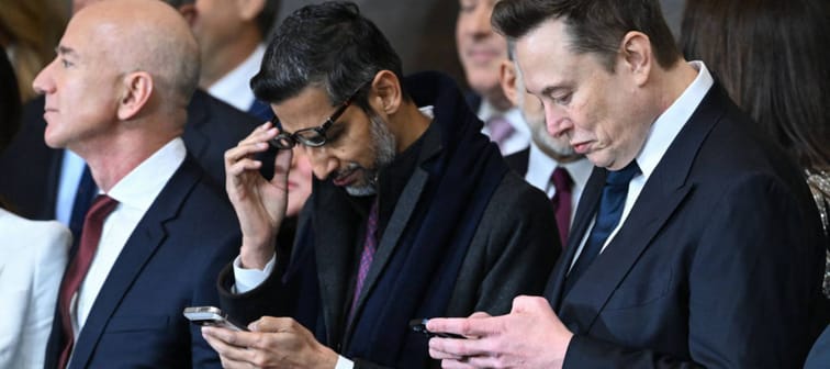 Amazon founder Jeff Bezos, Google CEO Sundar Pichai and Tesla and SpaceX CEO Elon Musk attend the inauguration ceremony