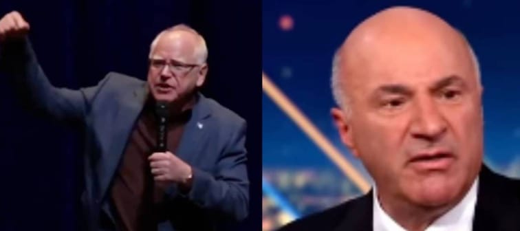 Side by side images of Tim Walz holding a phone onstage and Kevin O'Leary looking angry on set at CNN.
