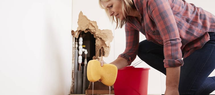 Woman cleaning up a flood in the basement