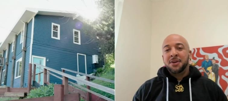 Split screen shows a house and a man.
