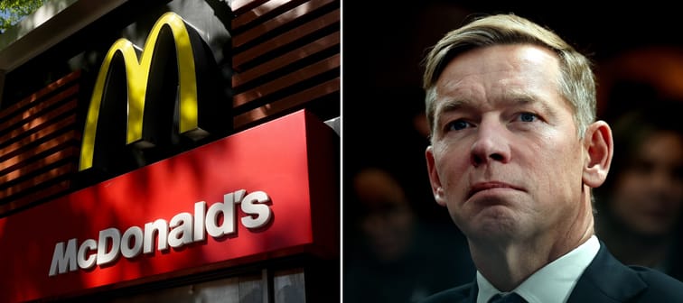 A composite image of a corporate logo for McDonald's on the front of their restaurant and the company's CEO Chris Kempczinski.