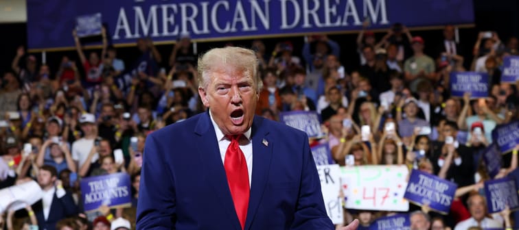 U.S. President Donald Trump arrives to speak at Wheeler High School on July 22, 2026 in Marietta, Georgia.