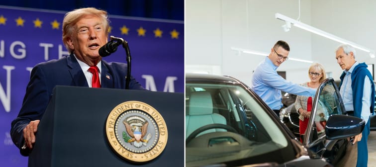 A split screen of President Trump and a couple buying a car.