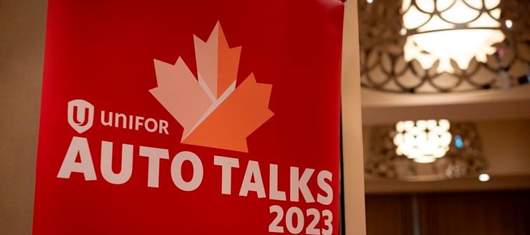 Signage for Unifor&rsquo;s auto talks is shown in Toronto on Thursday, Aug. 10, 2023. 