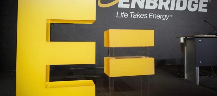 Enbridge's logos are on display at the company's annual meeting in Calgary on May 12, 2016. 