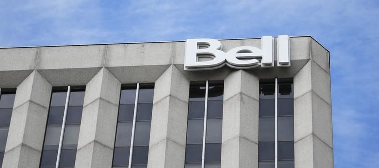 Bell signage is pictured on a building in Ottawa on Monday, Aug. 14, 2023. Bell says it has recently installed aerial alarms and made other security enhancements to prevent copper theft and v