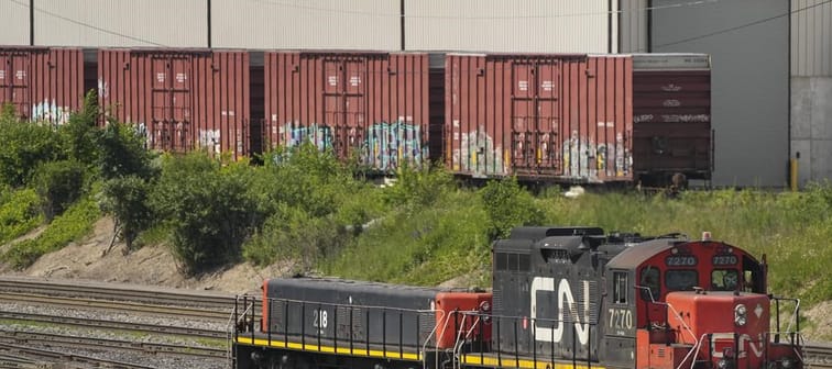 CN rail trains are shown at the CN MacMillan Yard in Vaughan, Ont., on Monday, June 20, 2022. 
