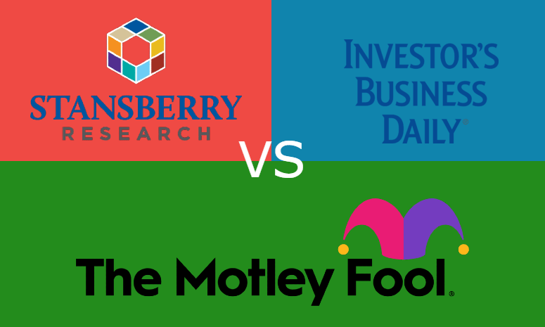 Motley Fool logo vs. Stansberry logo vs. IBD logo