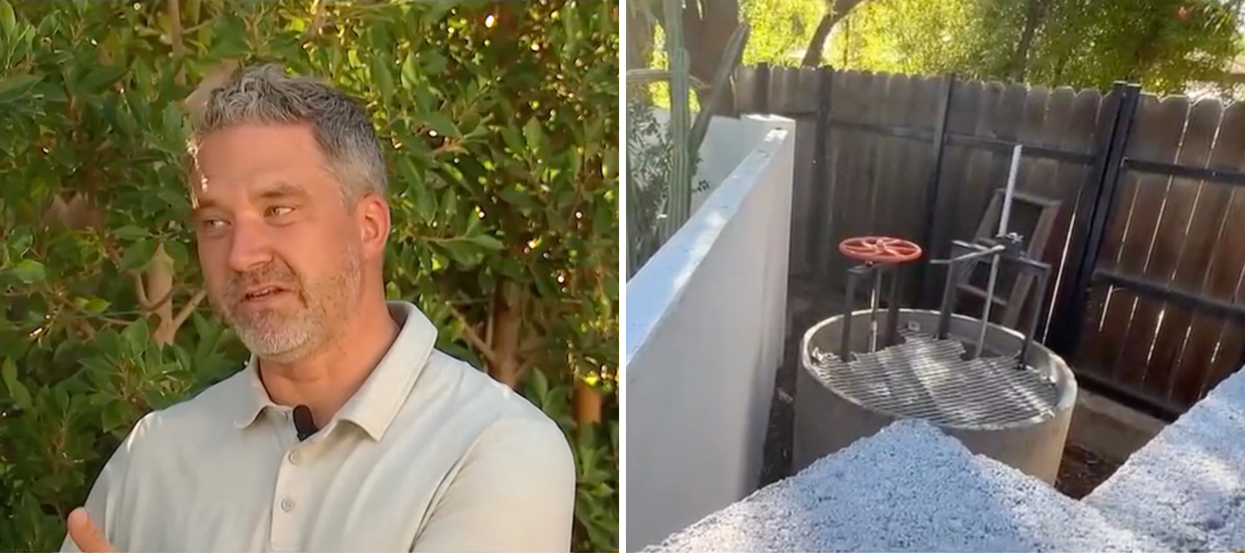 Side by side of Phoenix man who built a wall on his property that angered neighbors who now say they cannot access public water pipe on his land.