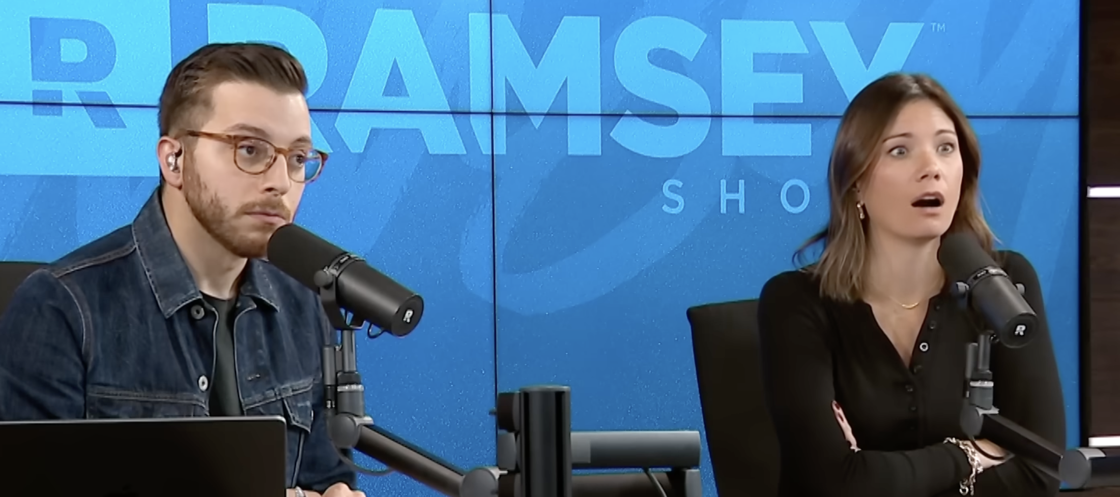 Ramsey Show hosts Rachel Cruze and George Kamel react with shock after hearing a caller pays their in-laws $6K a month to cover their mortgage.