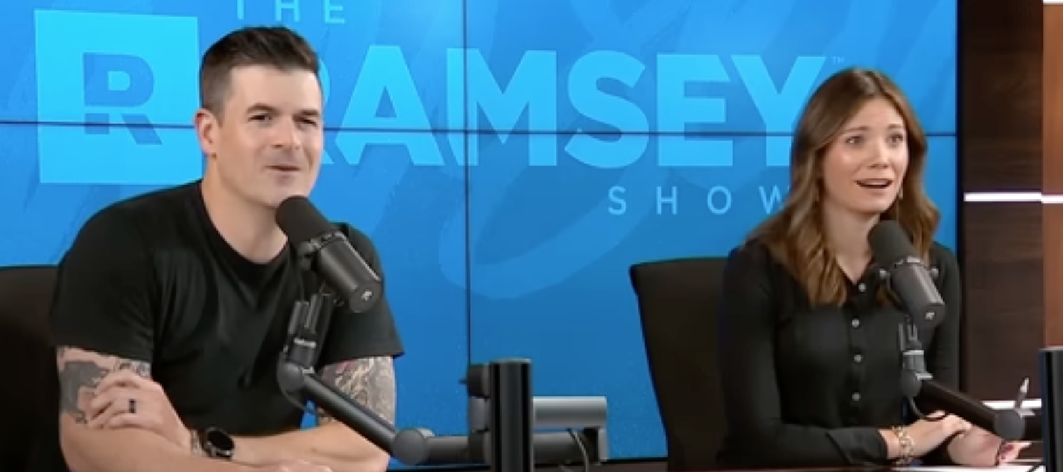 Ramsey Show hosts Rachel Cruze and Dr. John Delony react with shock about a couple with a $300K income racking up debt due to splurges.