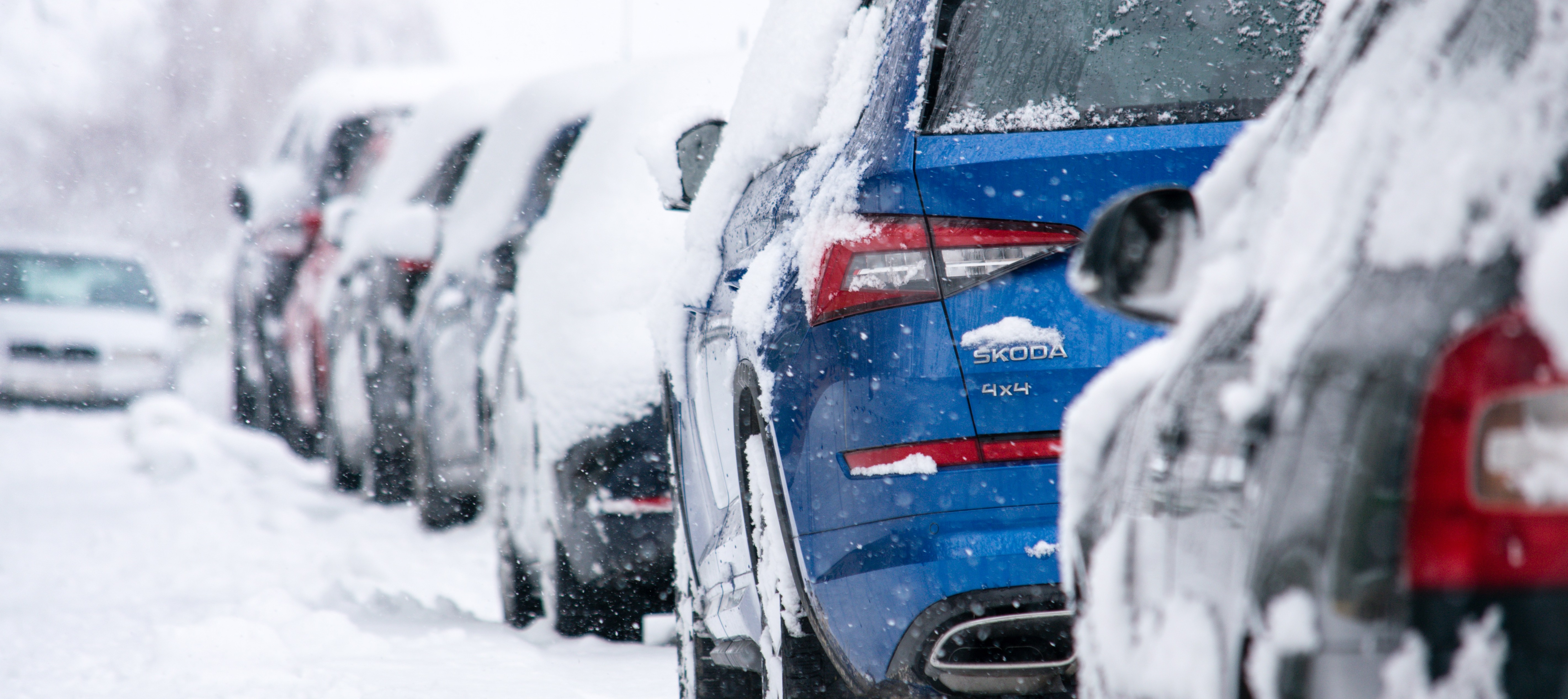 A row of parked cars in winter, covered in snow and parked along a snowy sidewalk in the city.