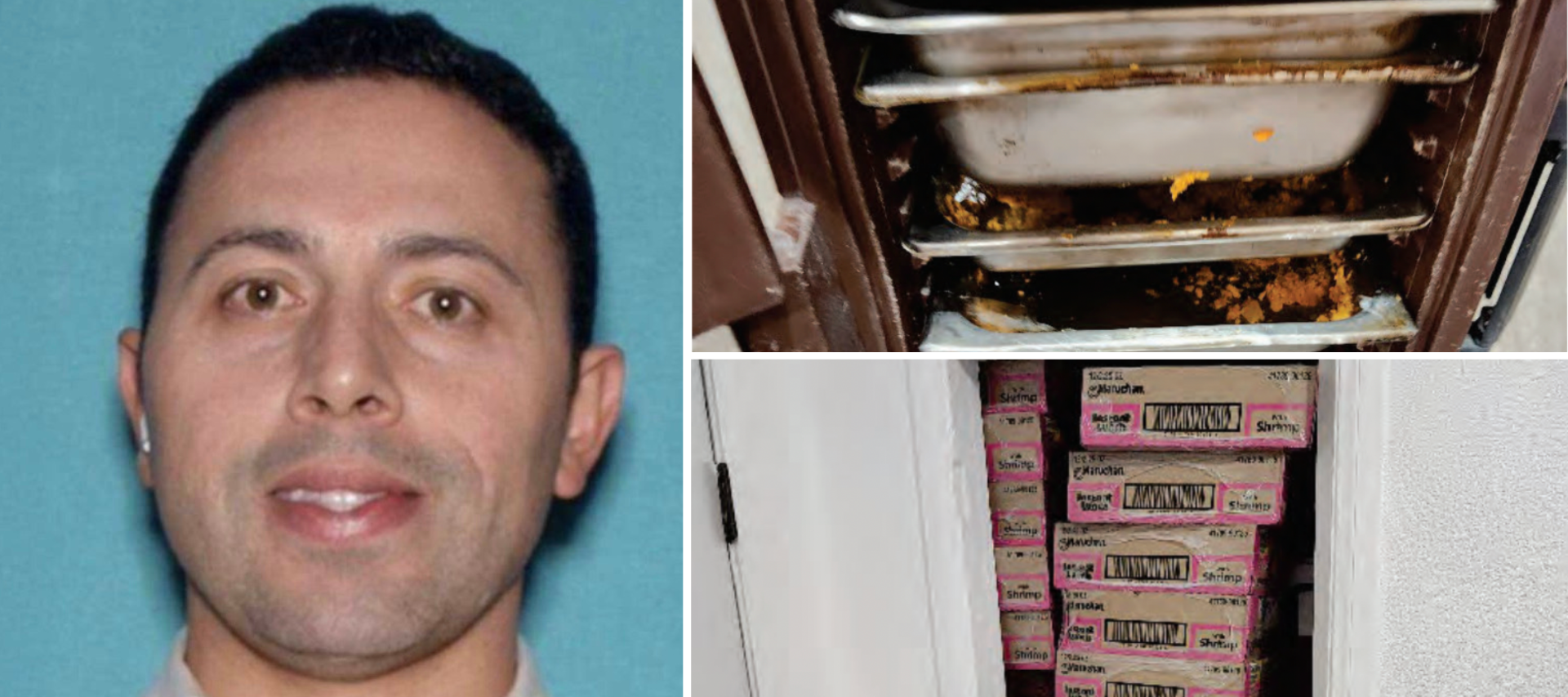 Alexander Soofer (left) along with the alleged conditions of food distribution by his charity. Dirty food trays and boxes of instant ramen, canned produce instead of nutritious meals.