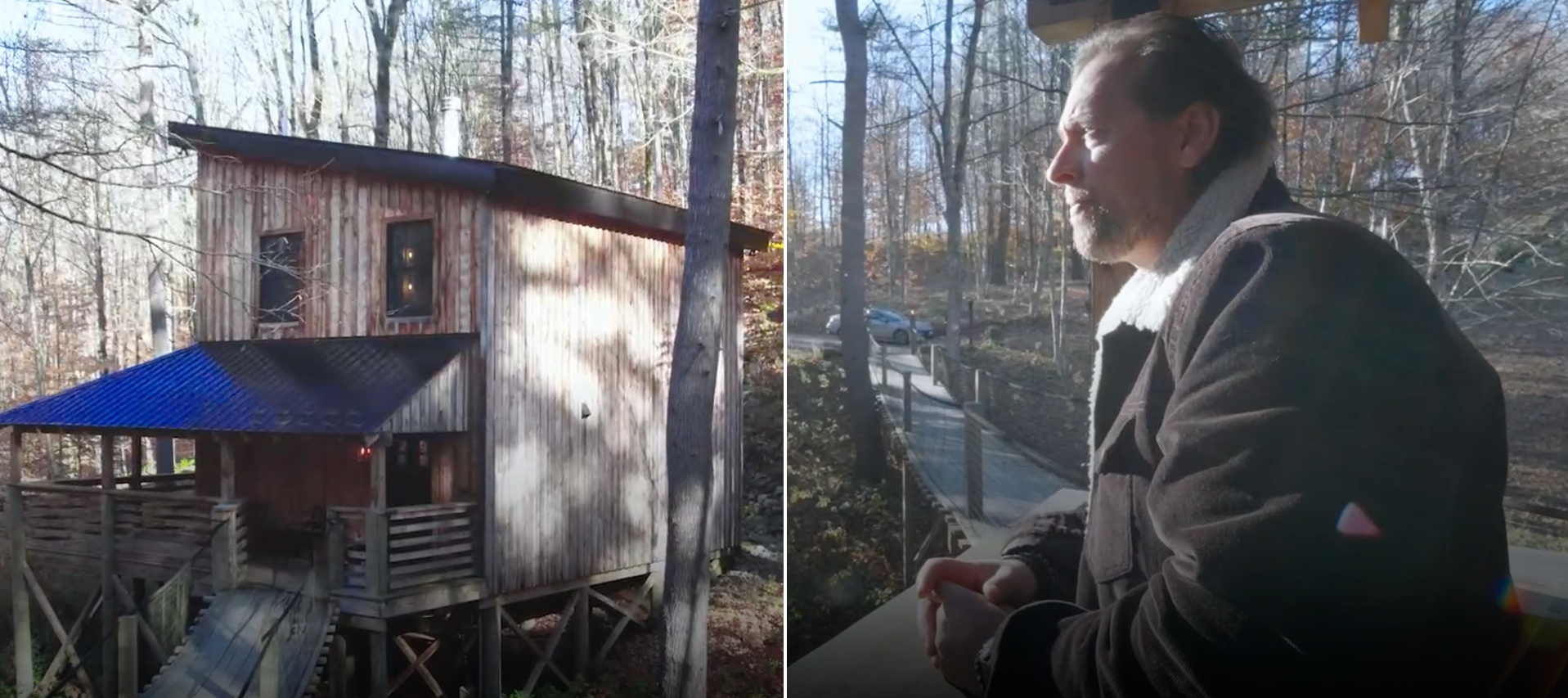 Chris Broomfield surveys his property from the second floor of his unique treehouse rental unit.