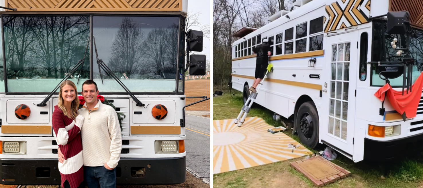 The Price Fam on TikTok posing in front of their school bus turned home.