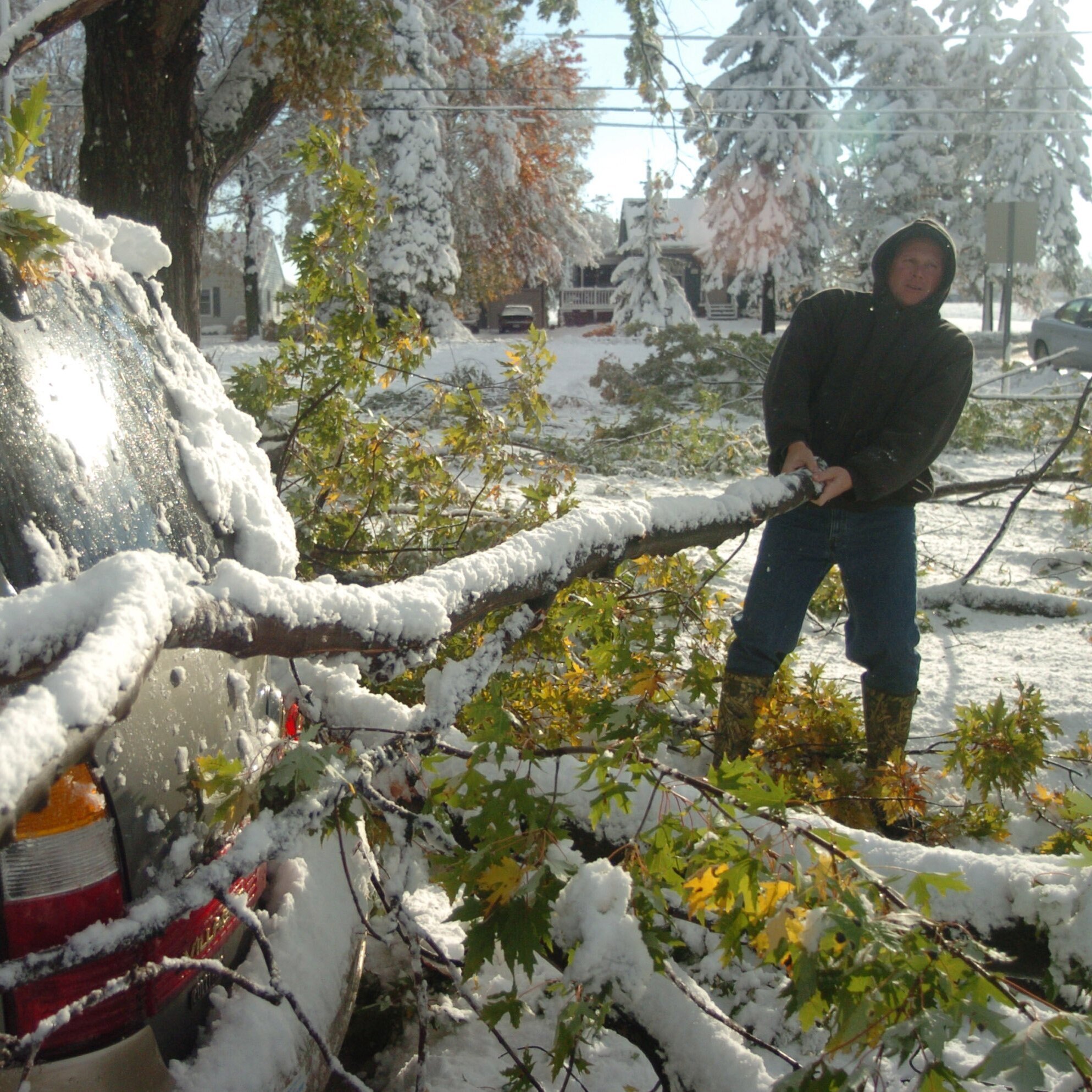 A man holds onto a large tree limb that has fallen on his car, covered in snow, and attempts to pull it off.