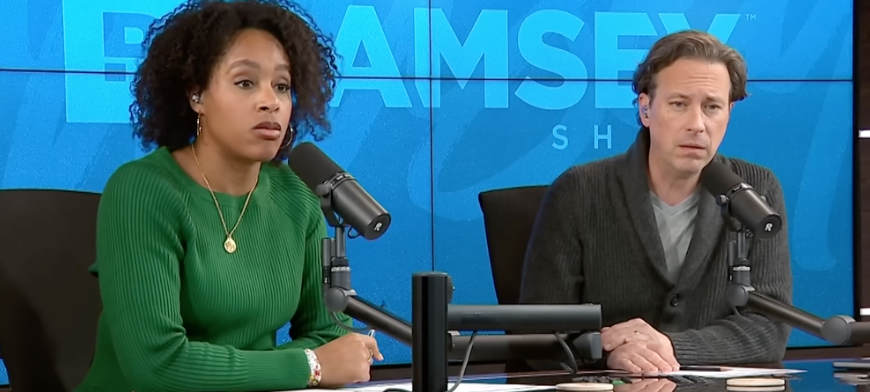 Ramsey Show cohosts Jade Warshaw and Ken Coleman speaking to a caller whose husband is going to prison, leaving her suddenly without his $180 K income.