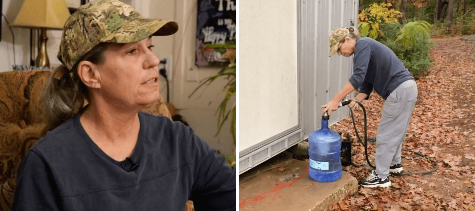 Texas retiree Christina Mann pictured on left and her filling up a five-gallon jug at her neighbors house to survive.
