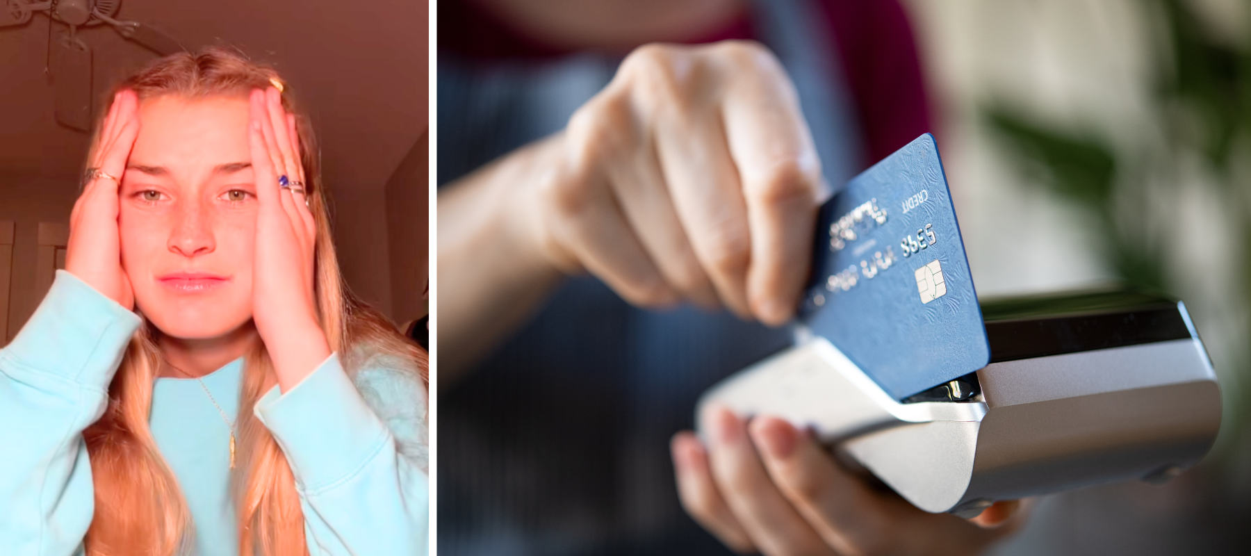 Image of TikTok user @georgiamcilley beside a close up of a credit card being swiped at a portable terminal.