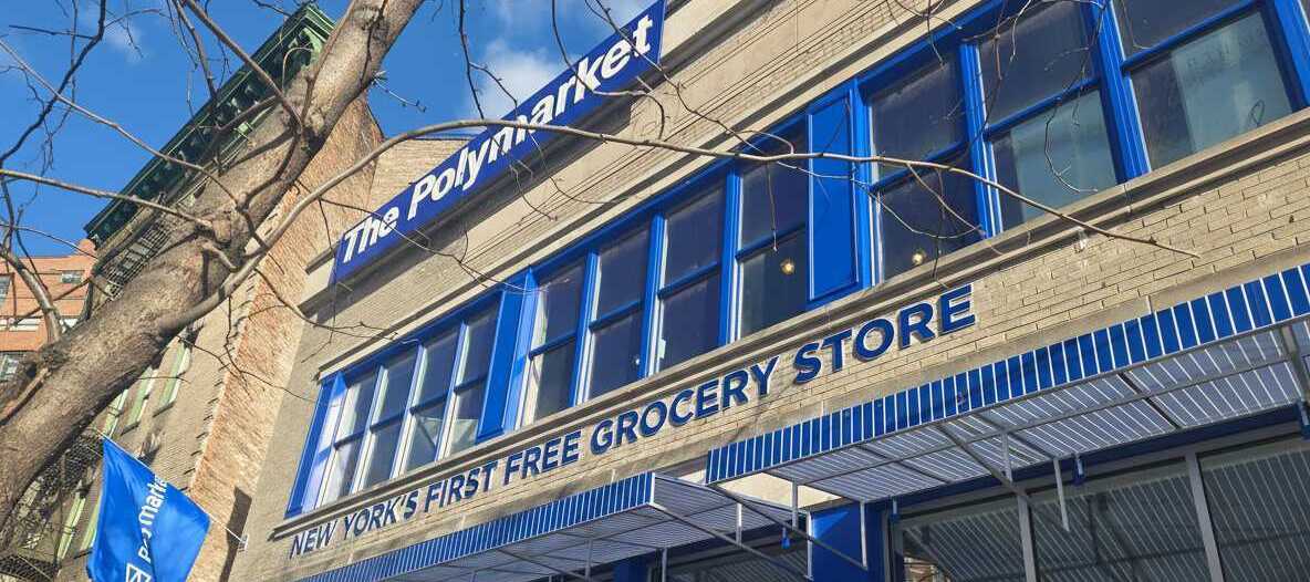 Exterior photo of The Polymarket, a pop-up free grocery store opened in New York City on February 12, 2026.
