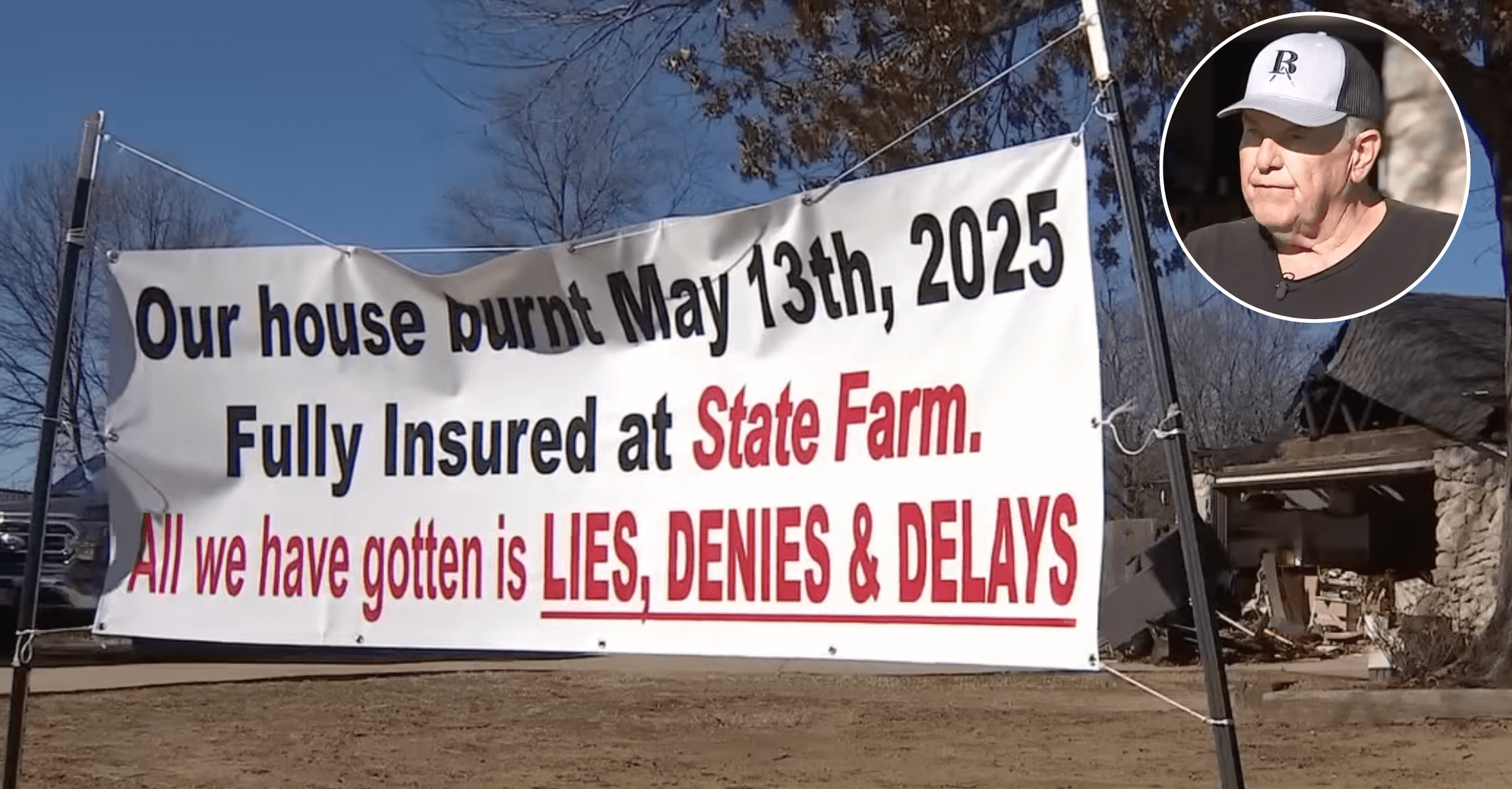 Oklahoma homeowners put up massive sign in front yard accusing State Farm of denials, delays after fire: 'All we have gotten is lies"