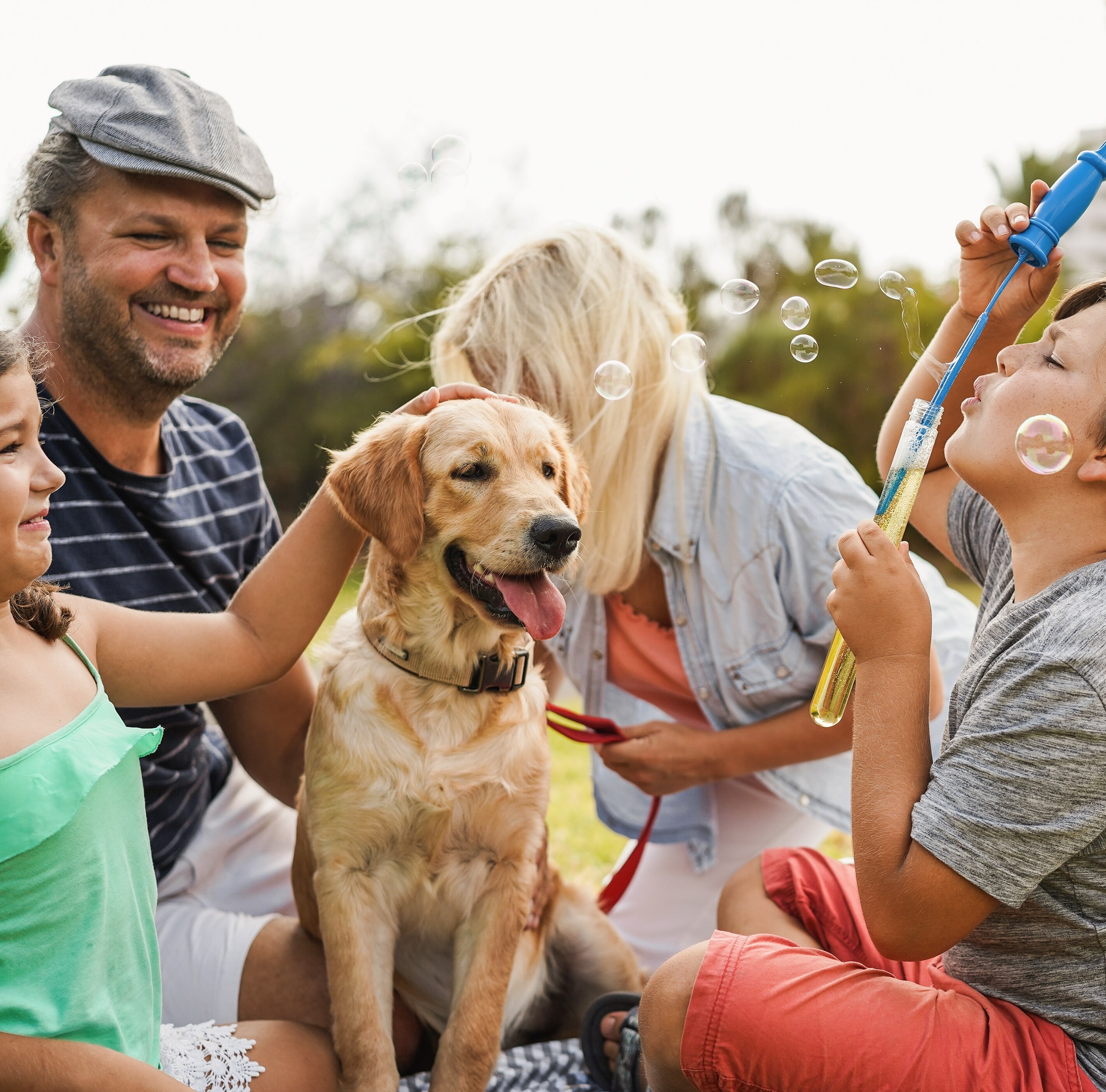 Family blowing bubbles in park with their dog.