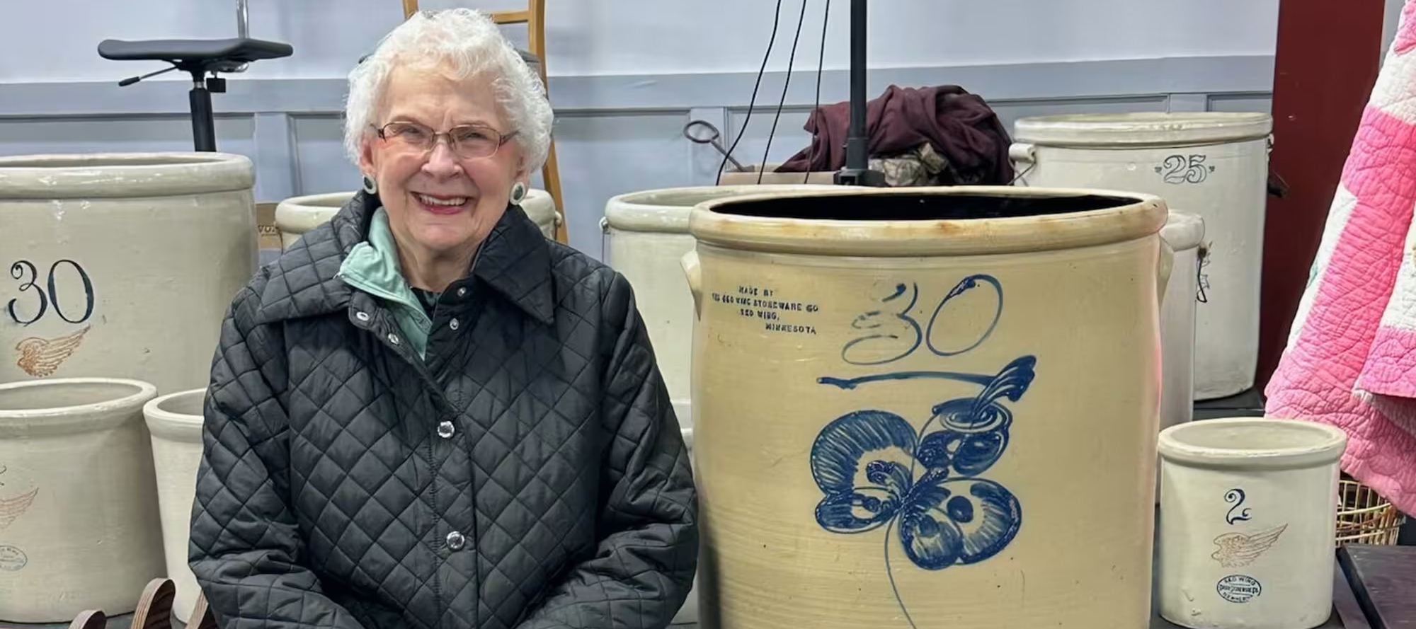 A 91-year-old woman was surprised when her Red Wing Stoneware crock, which was kept on her back porch, fetched $32,000 at an auction.