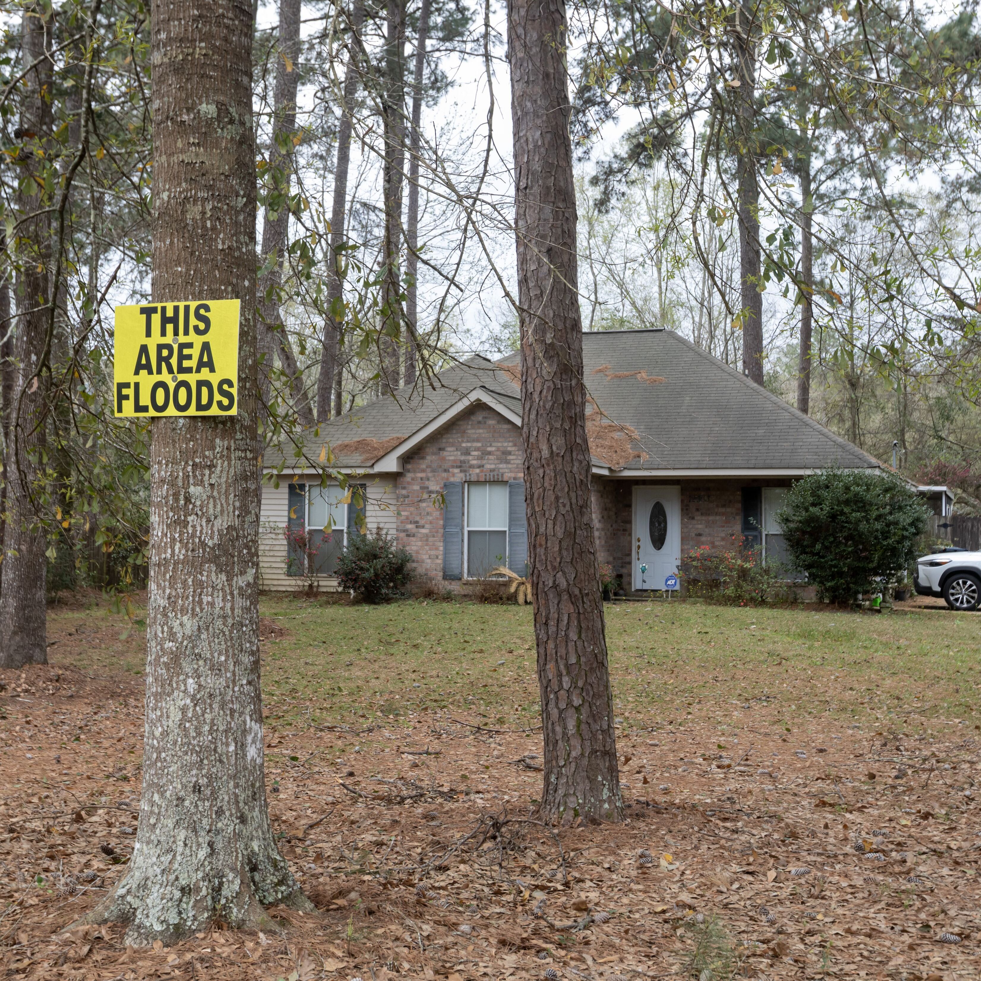 A flood warning sign is placed on a tree near a house.