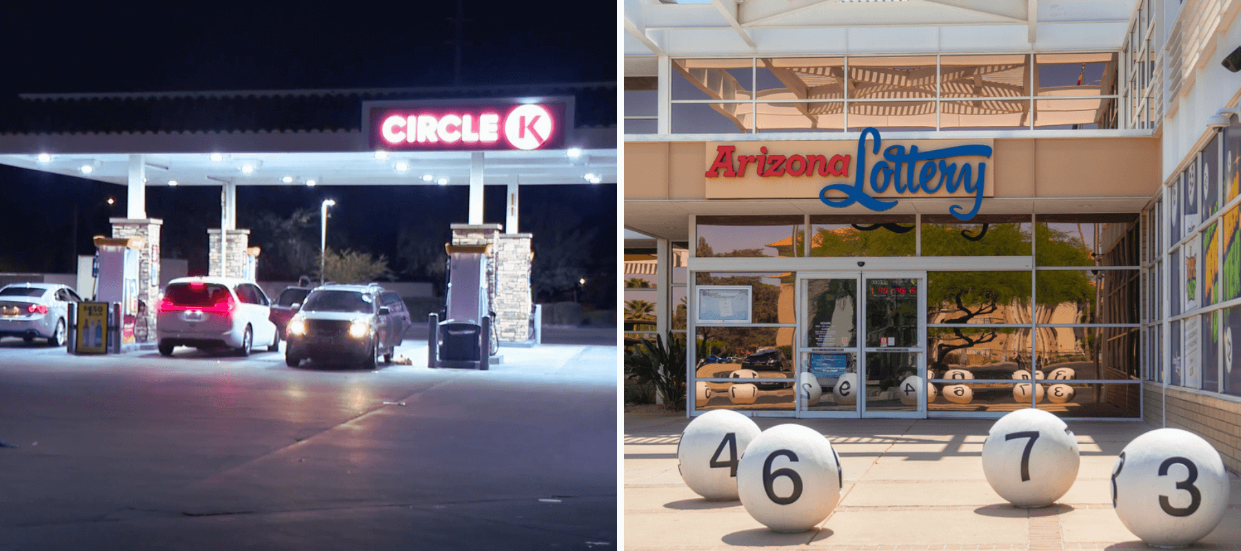 The outside of the Circle K where it all happened, along with the Arizona Lottery headquarters.