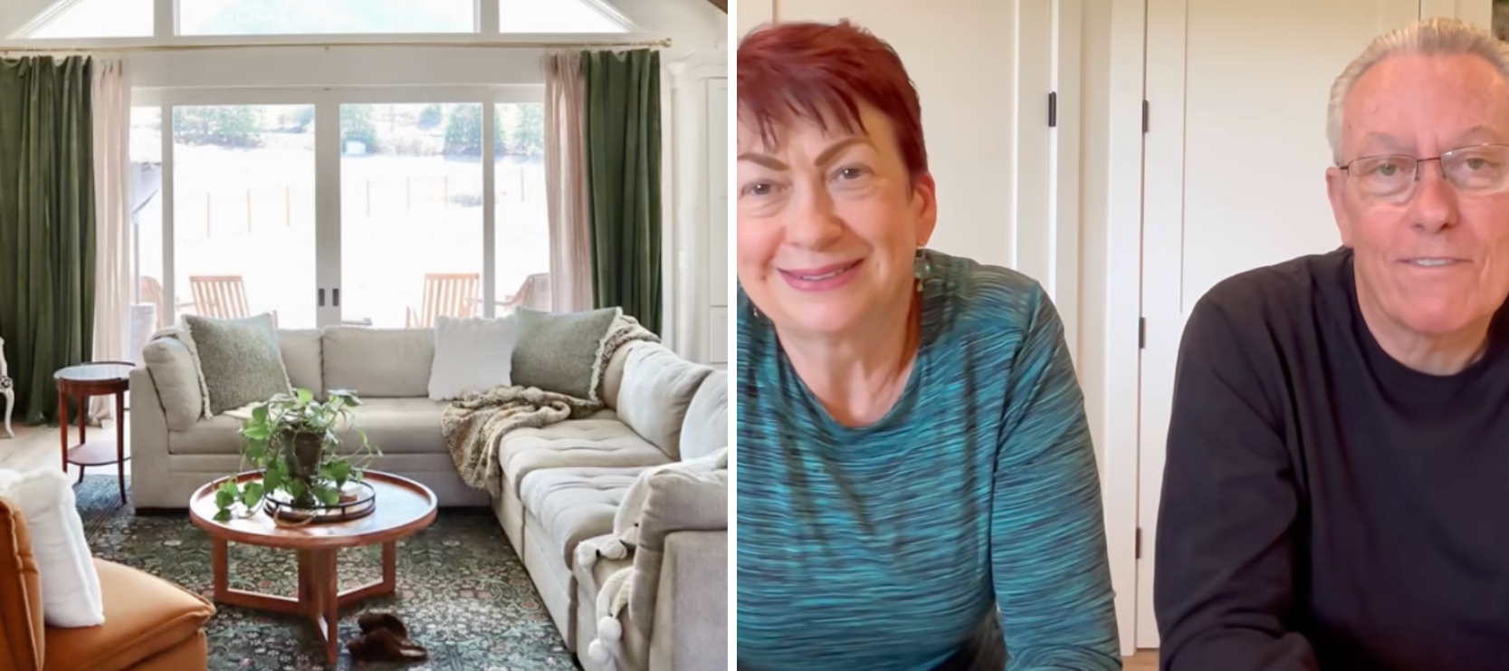 Collage with photo of Oregon family's new living room on the left and older couple on the right discussing the home on TikTok.