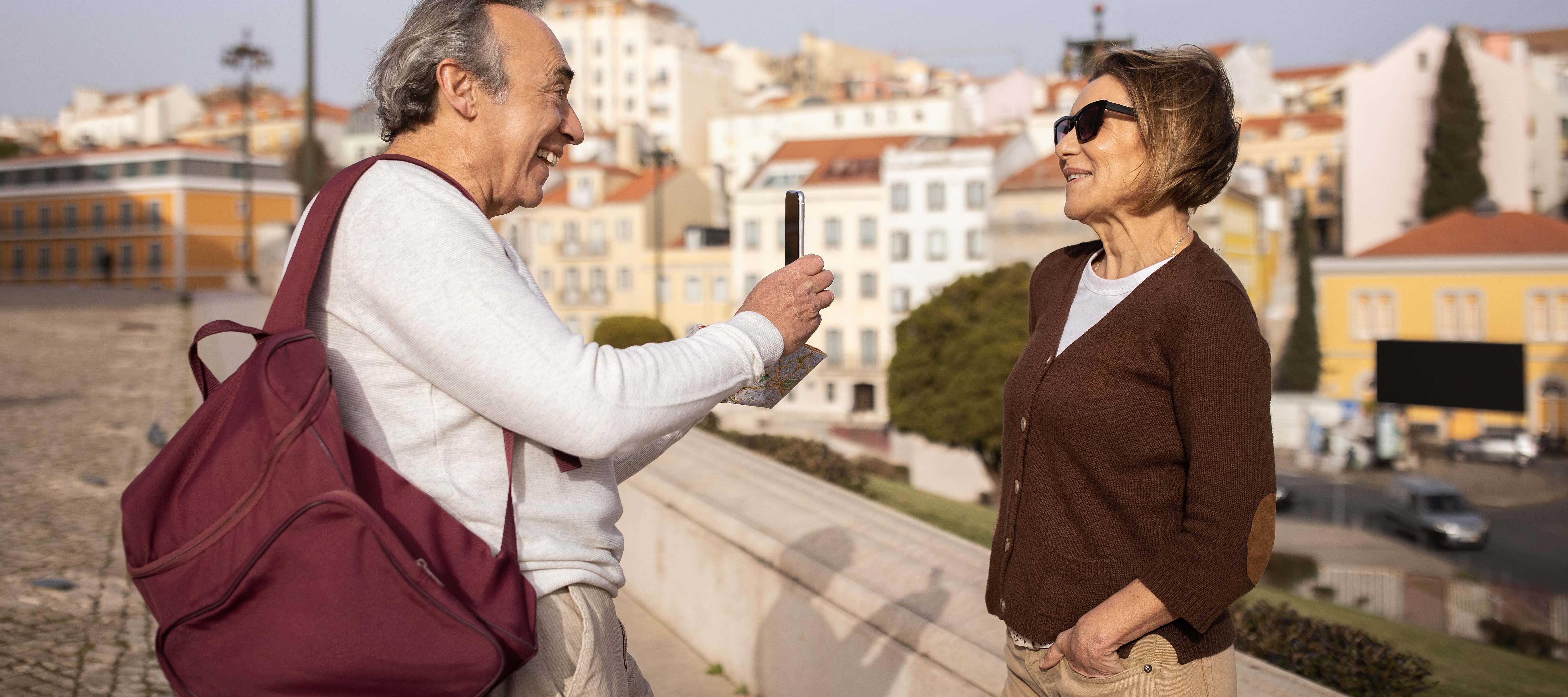 Retired couple travelling in Europe.