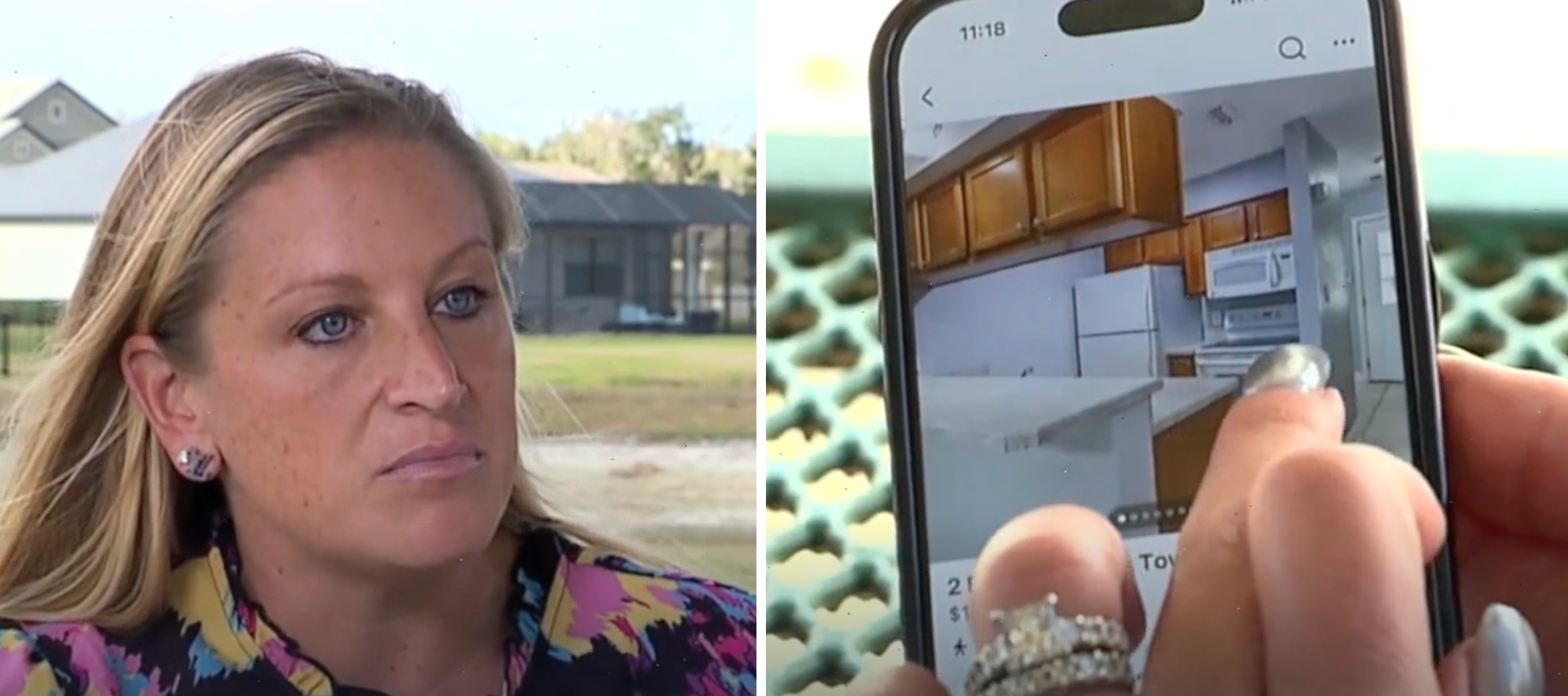 A side by side photo of a Florida realtor and a close up of her phone showing a fake real estate Facebook listing.