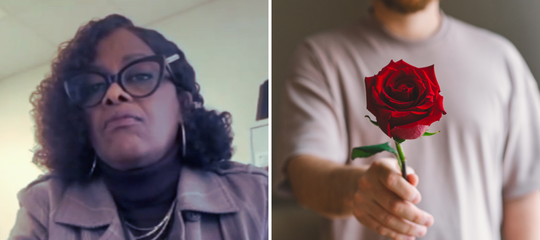 A side-by-side image of a woman who was scammed out of $1M and a man extending a rose toward the camera.