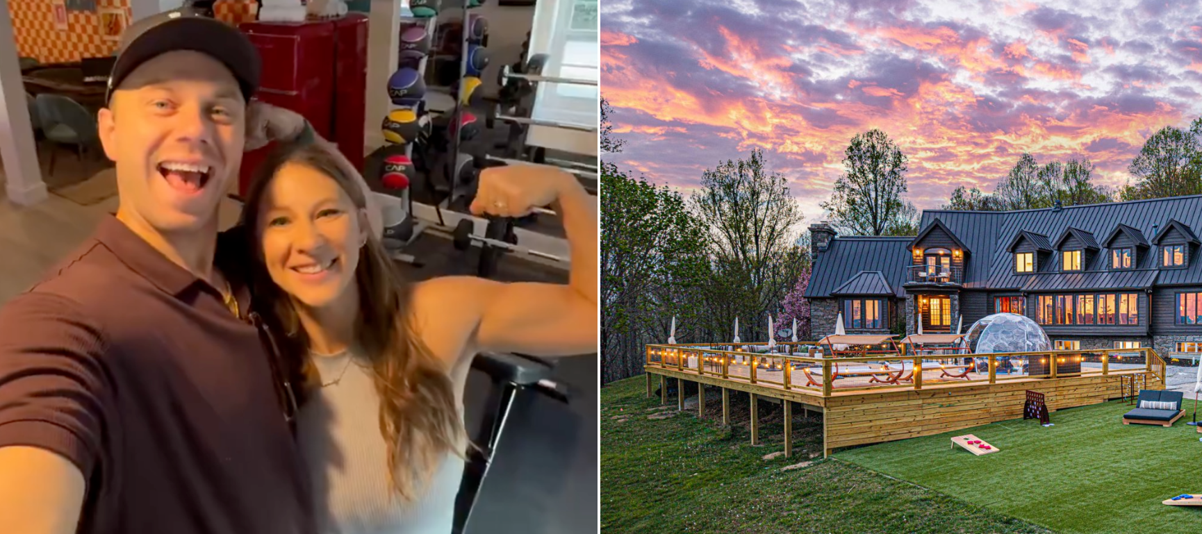 A compilation image of the Elefantes on the left and one of their Airbnbs on the right.