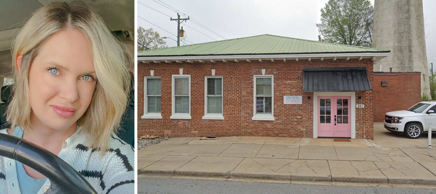 Pamela Brooke Schronce alongside her Thomas and Turner boutique location.