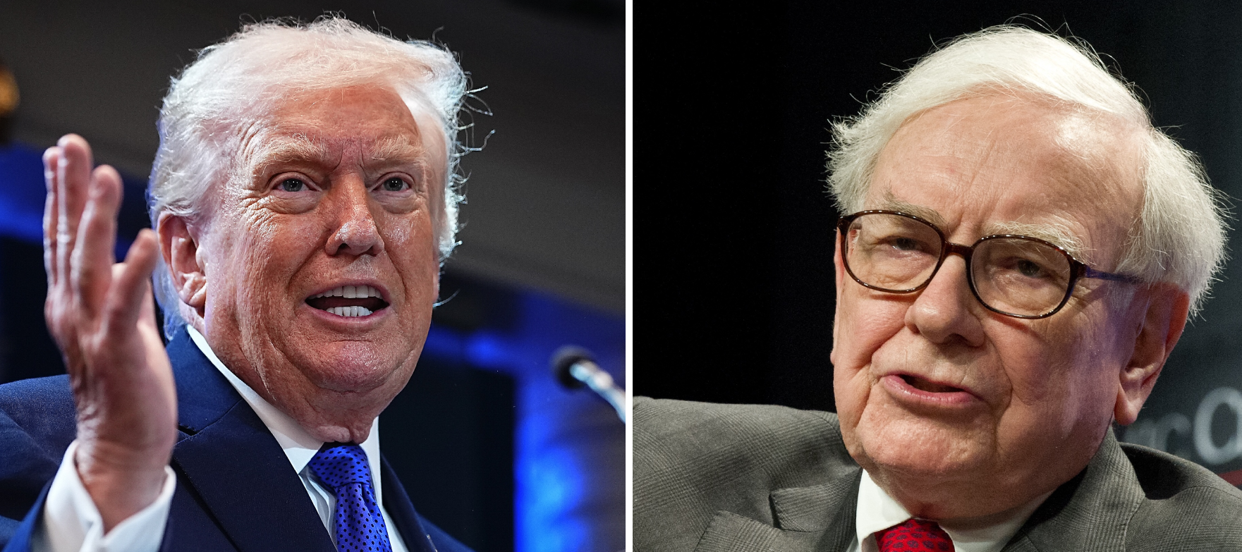 A compilation image of President Donald Trump on the left and Warren Buffett on the right.