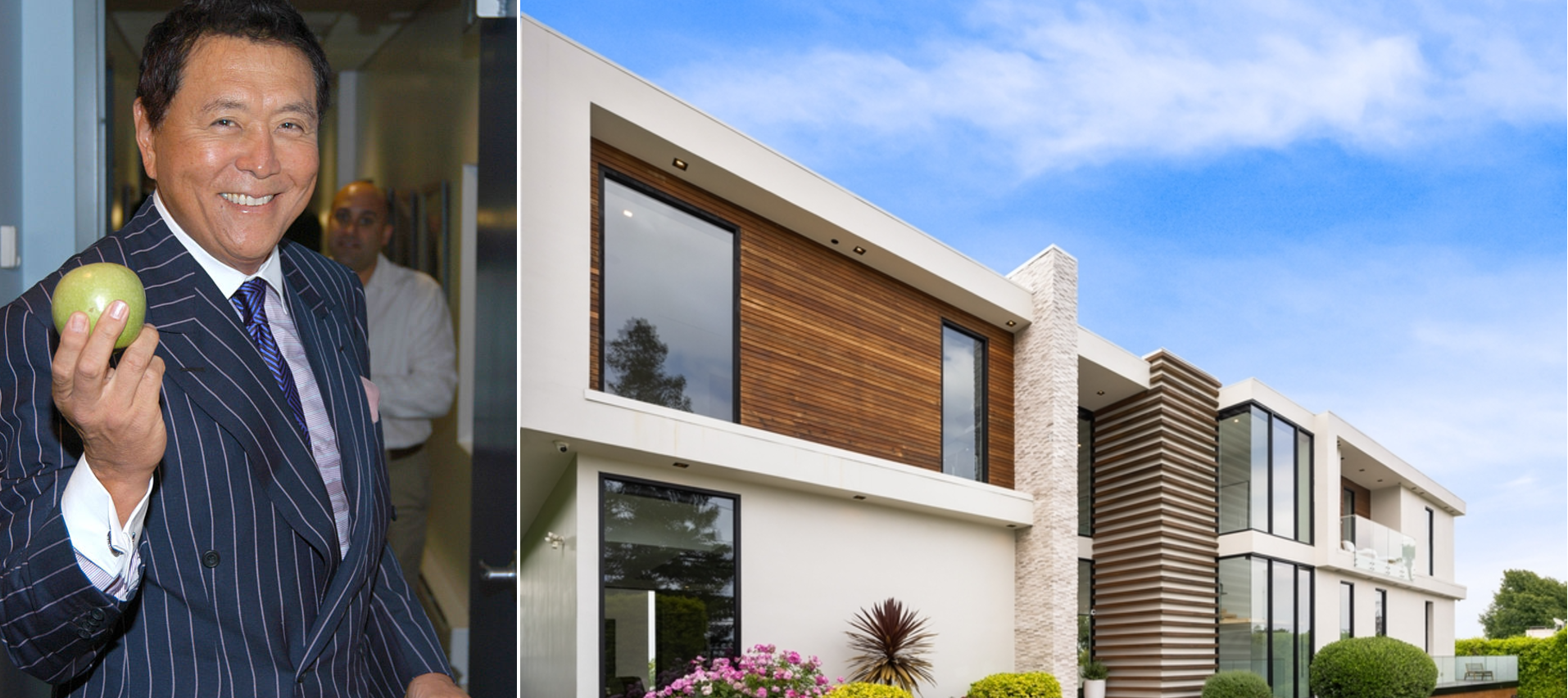 Robert Kiyosaki holding an apple; a spacious contemporary house with lush greenery.