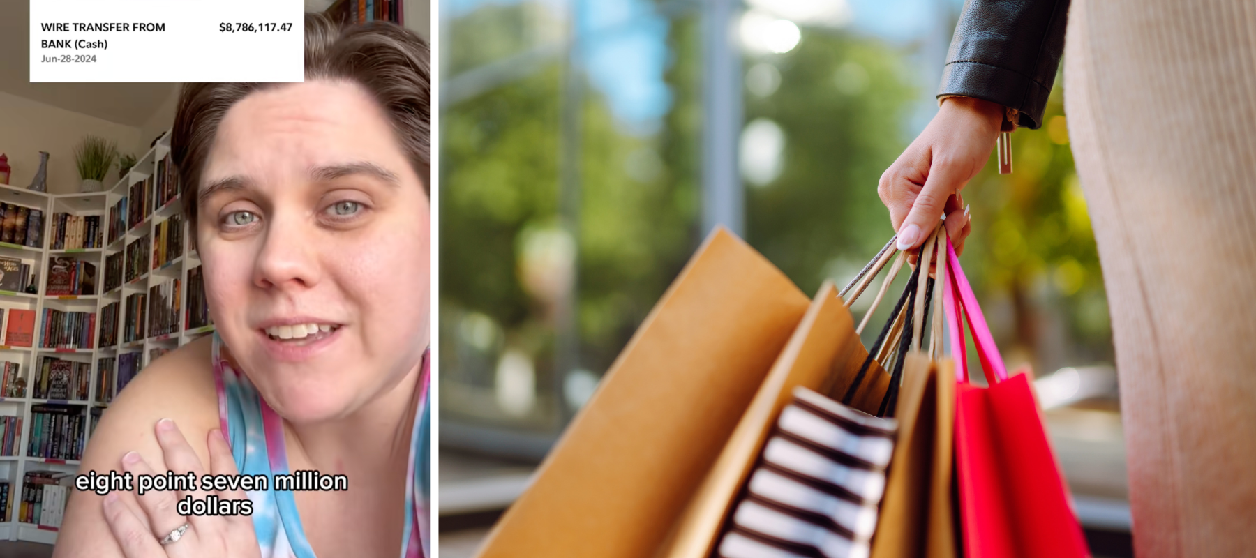 A side-by-side image of Tiktoker @shawnainchapterland explaining her story about the $8.7M accidental deposit alongside a photograph of a woman on a shopping spree holding numerous bags.