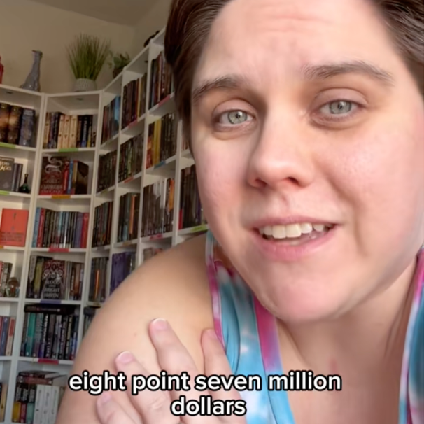 A side-by-side image of Tiktoker @shawnainchapterland explaining her story about the $8.7M accidental deposit alongside a photograph of a woman on a shopping spree holding numerous bags.