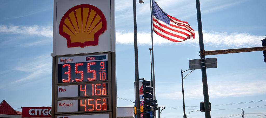 A sign displays prices for gasoline at a station on March 02, 2026 in Chicago, Illinois.