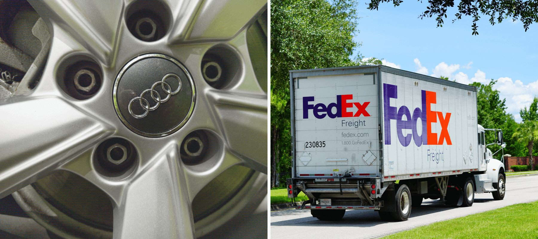 Audi hubcap and a FedEx truck.