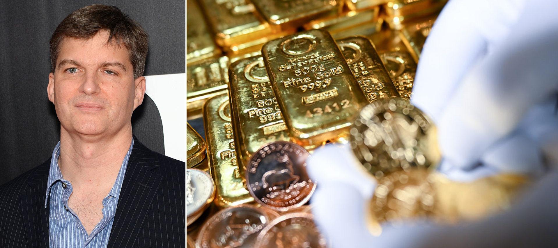 Michael Burry at the 'Big Short' premiere; gold bars and coins lie in a safe on a table at the precious metal dealer.