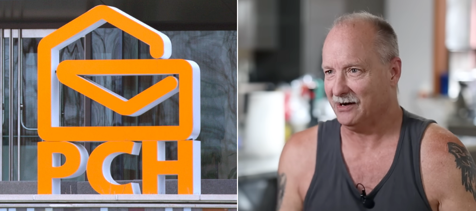 A compilation image of the Publishers Clearing House offices on the left and former winner John Wyllie on the right.