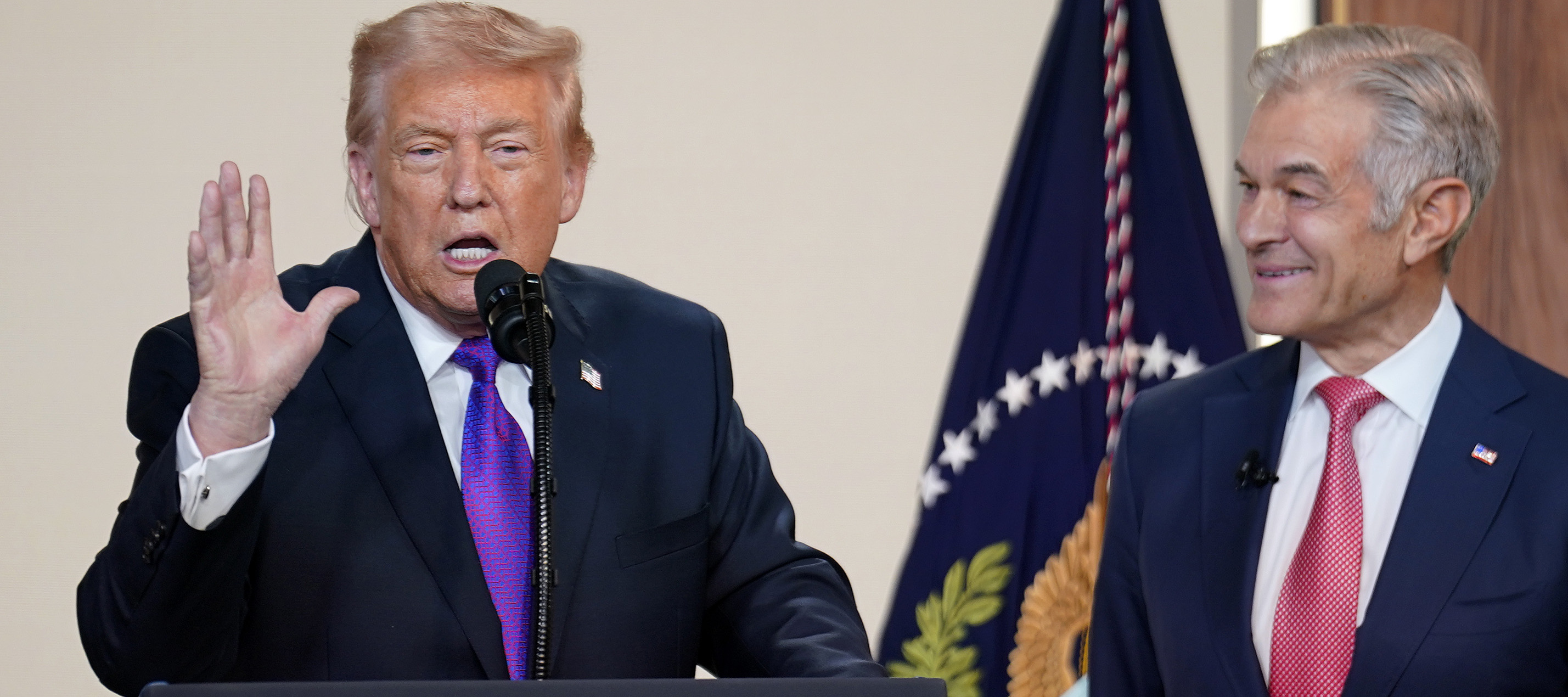 President Trump speaks with Mehmet Oz, administrator for the Centers for Medicare &amp; Medicaid Services, at his side.