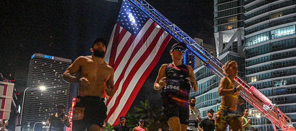 Runners take off from the starting line during the 24th annual Miami Marathon in Miami, Florida.