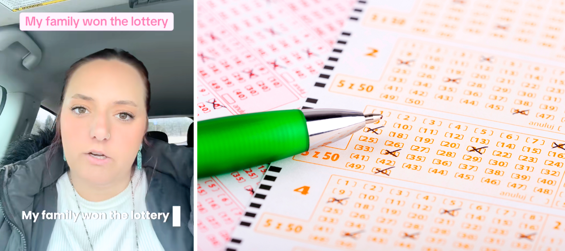 Daughter of lottery winners alongside close up photo of lottery ticket.