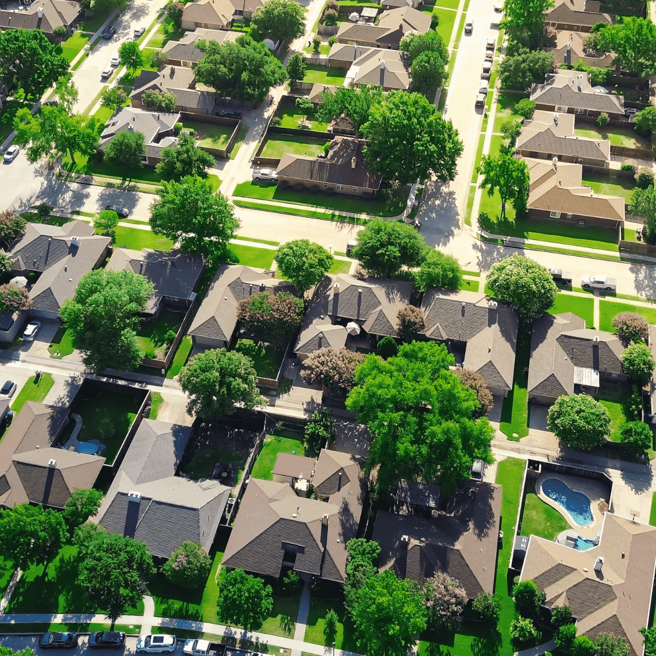 Aerial shot of neighborhood in Dallas, Texas.