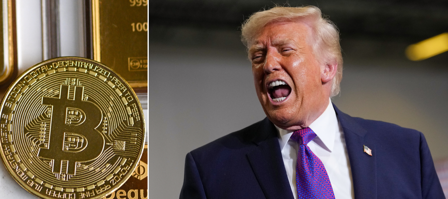 A compilation image of a commemorative bitcoin on the left and President Donald Trump on the right.